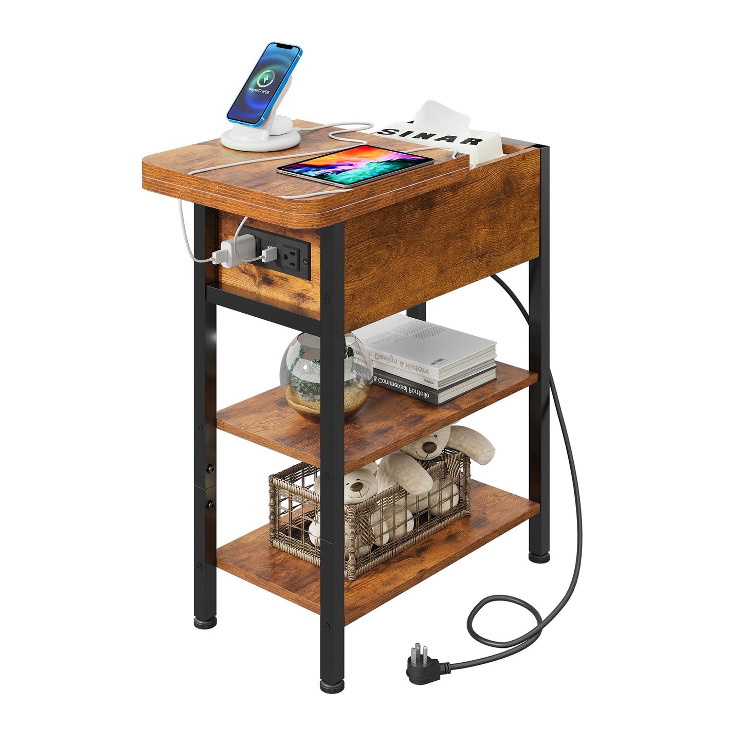 WLIVE End Table with Charging Station, Flip Top Narrow Side Table with Storage Shelf, Small Nightstand with USB Ports and Outlets,Bedside Table for Living Room, Bedroom,11.81" D x 23.62" W x 24.33" H