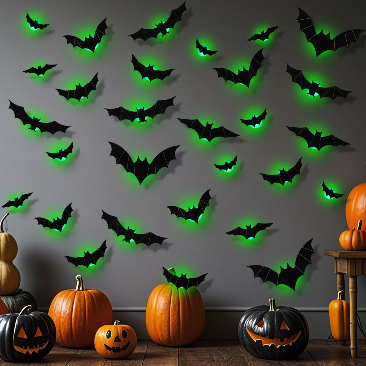 DR.DUDU 36 Pack Bats Halloween Decorations- Light Up Bat Wall Stickers with Green LED, 3D Removable Window Decals for Indoor/Outdoor, Bathroom, Door, Home, Bedroom Halloween Party