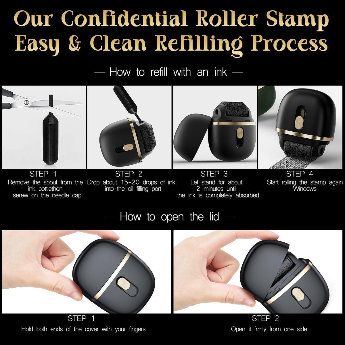 Lomil Identity Protection Roller Stamps 2 Pack - Confidential Roller Stamp with 4 Refills - Wide Identity Theft Protection Stamp for ID Blockout, Privacy & Security(Black)