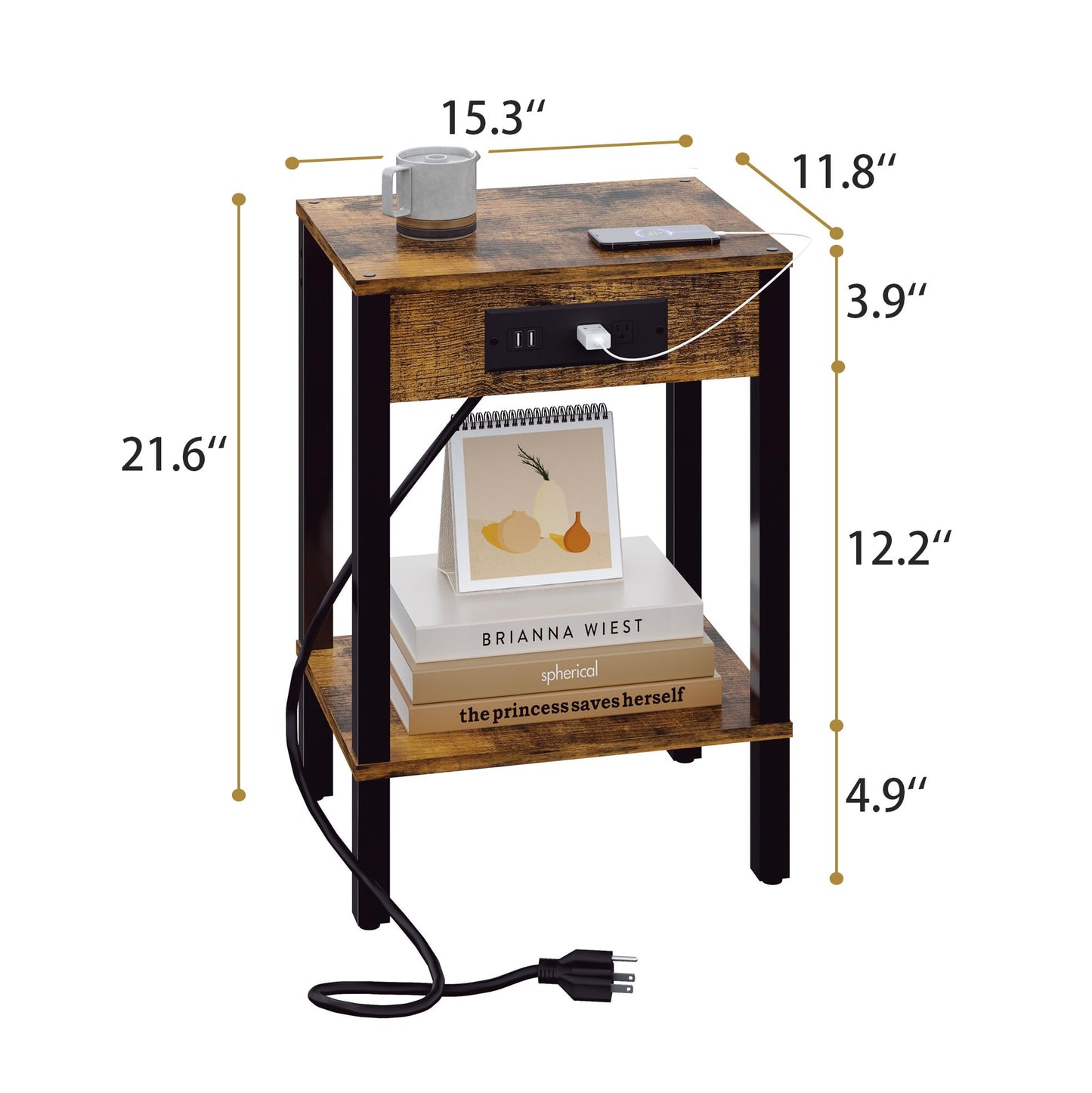 End Table with Charging Station, 2-Tier Nightstand with Storage Shelf,Modern Side Table,Bedside Table for Small Space in Living Room, Bedroom, Sofa Couch and Balcony, Rustic Brown MLBZ14RE