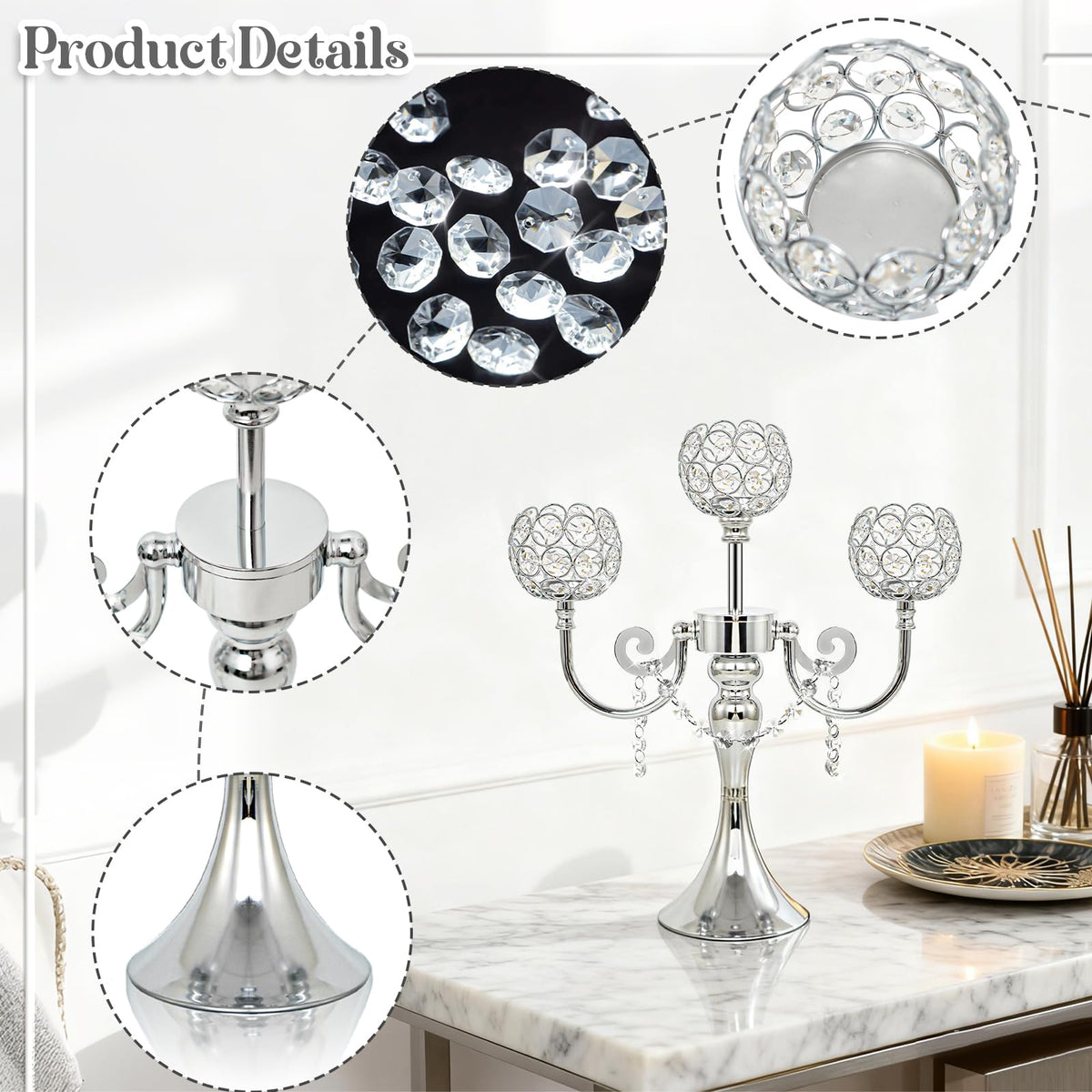 3-Arm Metal Candelabra with Crystal Bowls, Tealight Holder Centerpiece for Birthday, Dining Table, Party Decor, Christmas and Home Decoration (2, Silver)