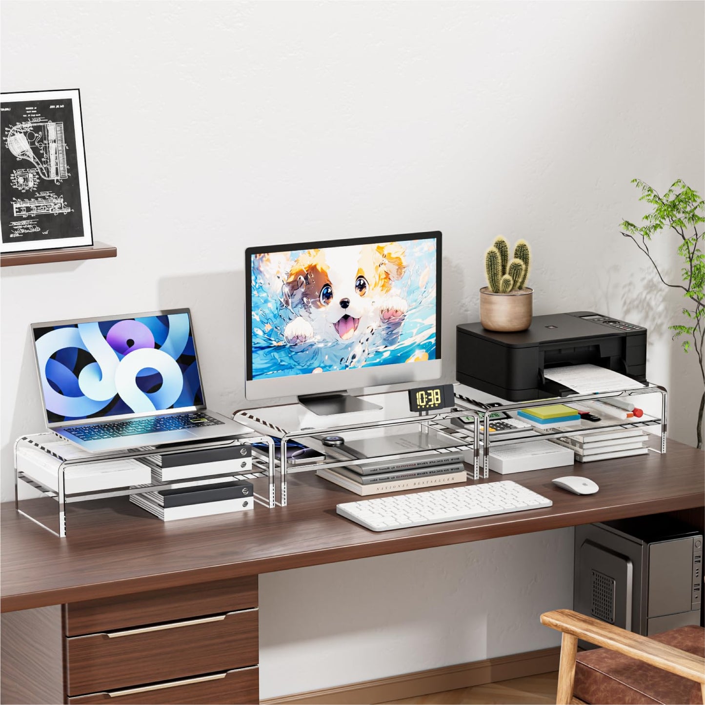 Egchi Acrylic Monitor Stand, 2 Tiers Clear Monitor Riser Computer Stand for Office, Home, Office, 5.12 Inches Hight PC Desk Stand for Keyboard Storage, Premium Platform for Laptop Printer TV Screen