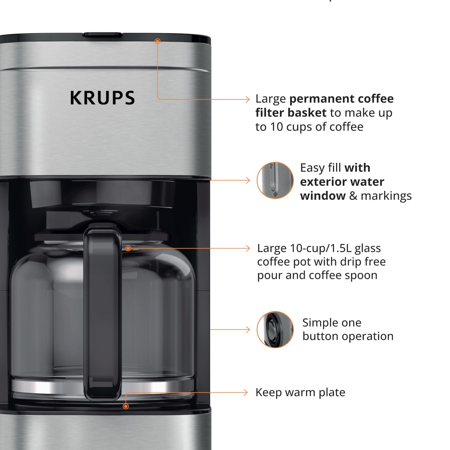 KRUPS Coffee Maker 10 Cups Simply Brew Stainless Steel Drip Coffee Maker, 900 Watts Coffee Filter, Drip Free, Dishwasher Safe Pot , Black & Silver