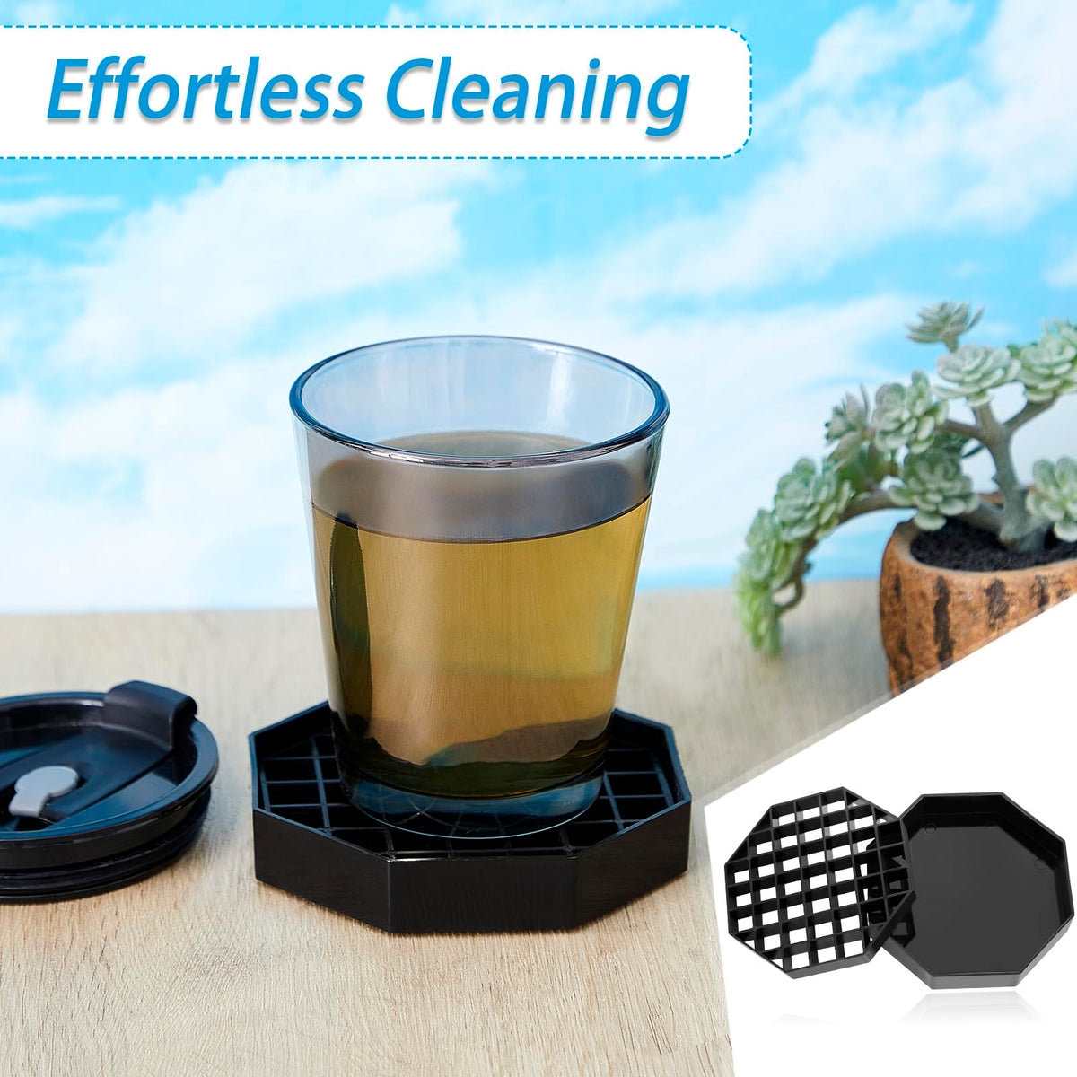 Suclain 8 Pcs 6 Inch Coffee Drip Tray Black Plastic Octagon Coffee Countertop Drip Coaster with Honeycomb Grid for Drink Tea Wine Beverage Dispenser
