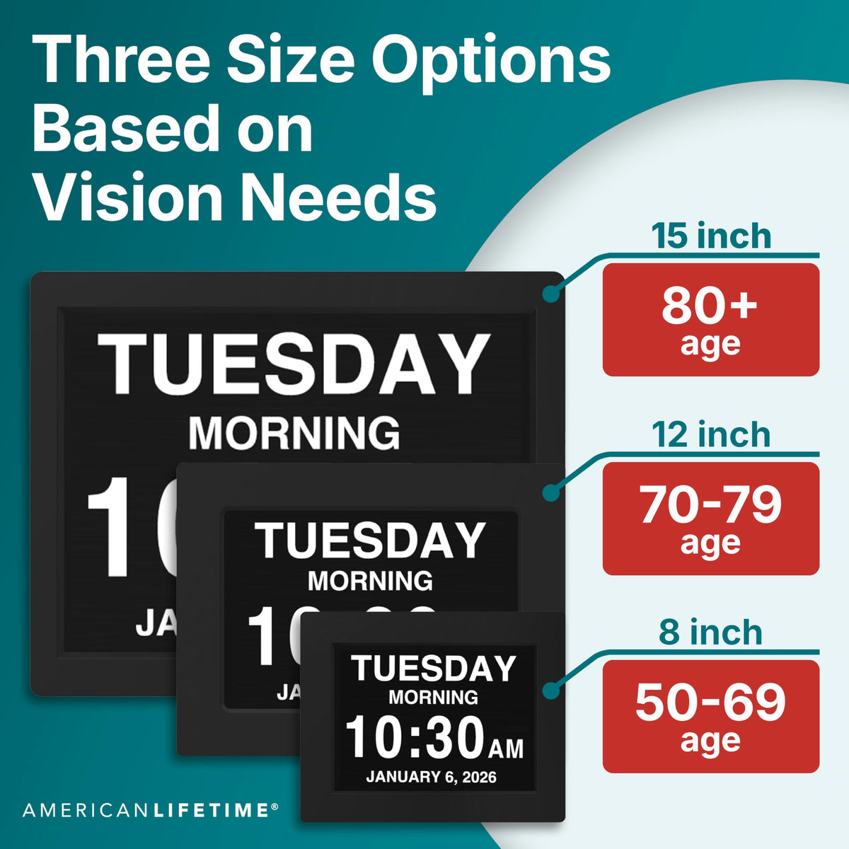 American Lifetime Large Digital Clock for Seniors, Black, 8 inch, with Day & Date, Customizable Alarms, Auto-Dimming, Multi-Language Support, Battery Backup, Easy Setup, and Gift Option