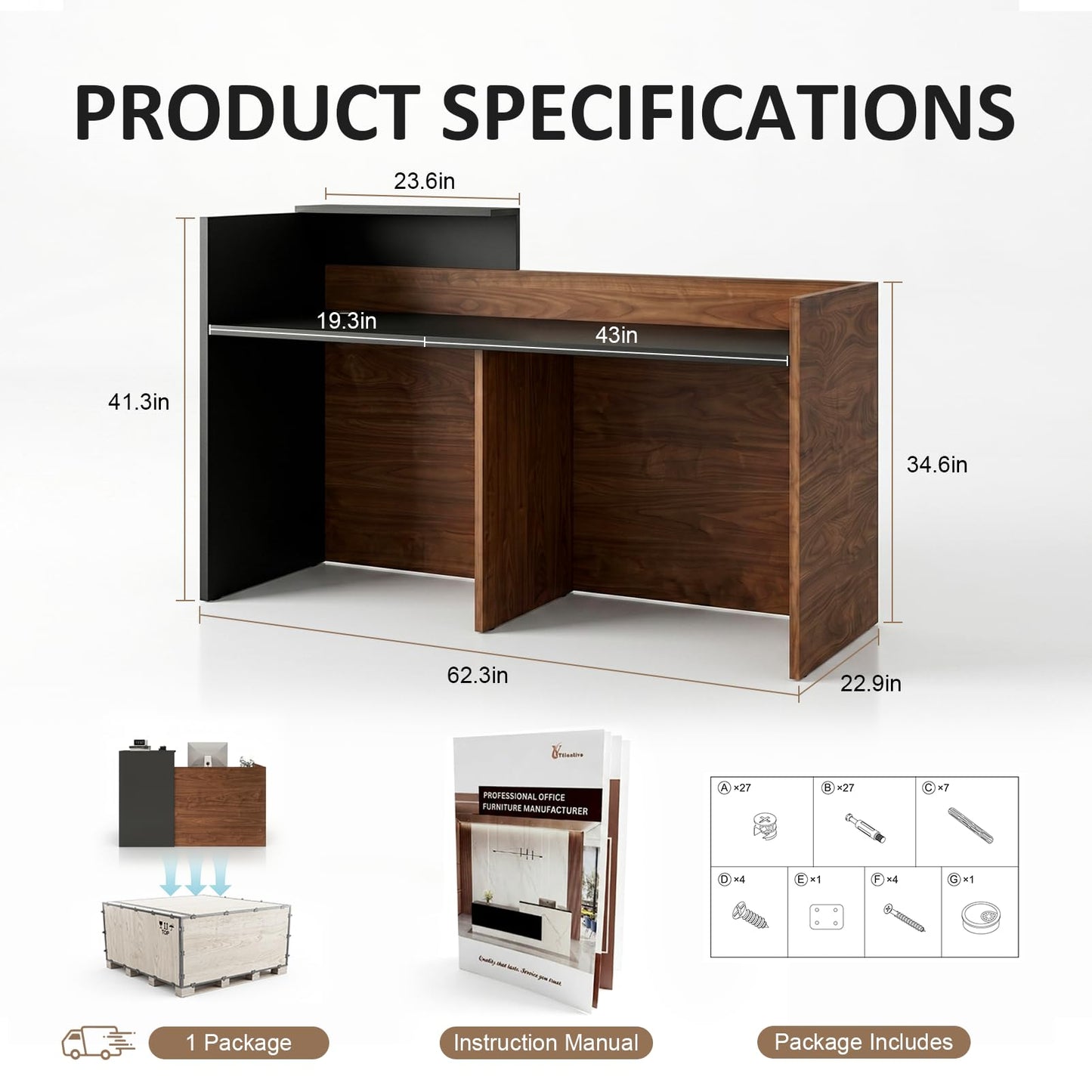 YTElantivo 63″ L-Shaped Reception Desk with Counter – Modern Office Front Desk for Salon, Clinic & Retail, Spacious Workstation, Easy Assembly, Black-Brown Receptionist Desk