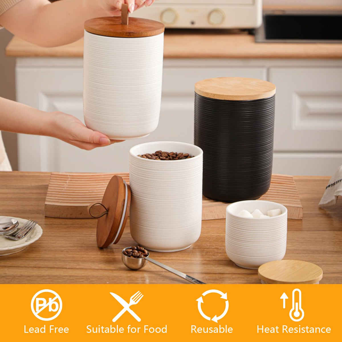 Food Storage Jar Strong Ceramic Storage Canisters with Airtight Wooden Lid,Kitchen Storage Containers for Serving Coffee Beans, Tea, Sugar, Salt, Spices (White three-piece suit)