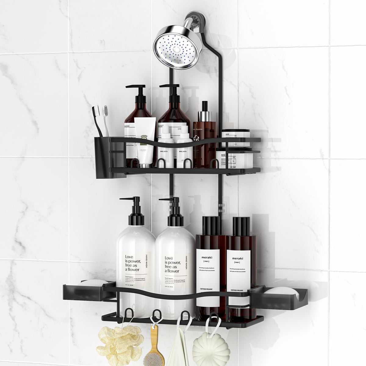 REINHARDT Shower Caddy Hanging, Rustproof Shower Caddy Anti-Swing Shower Organizer Over Showerhead No Drilling Shower Racks with Soap Holder Multi Hooks Bathroom Storage for Shampoo Sponge, Black