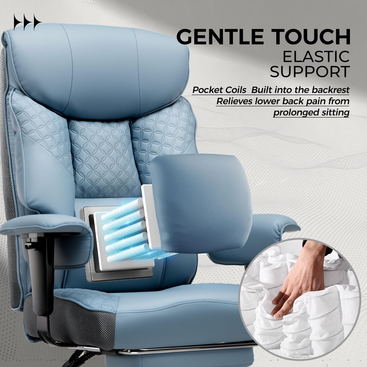 GTPLAYER Big and Tall Office Chair, High Back Computer Gaming Chair with Ergonomic Lumbar Support &Pocket Spring Cushion for Lower Back Pain Relief, Leather Executive Chair with Foot Rest, Blue