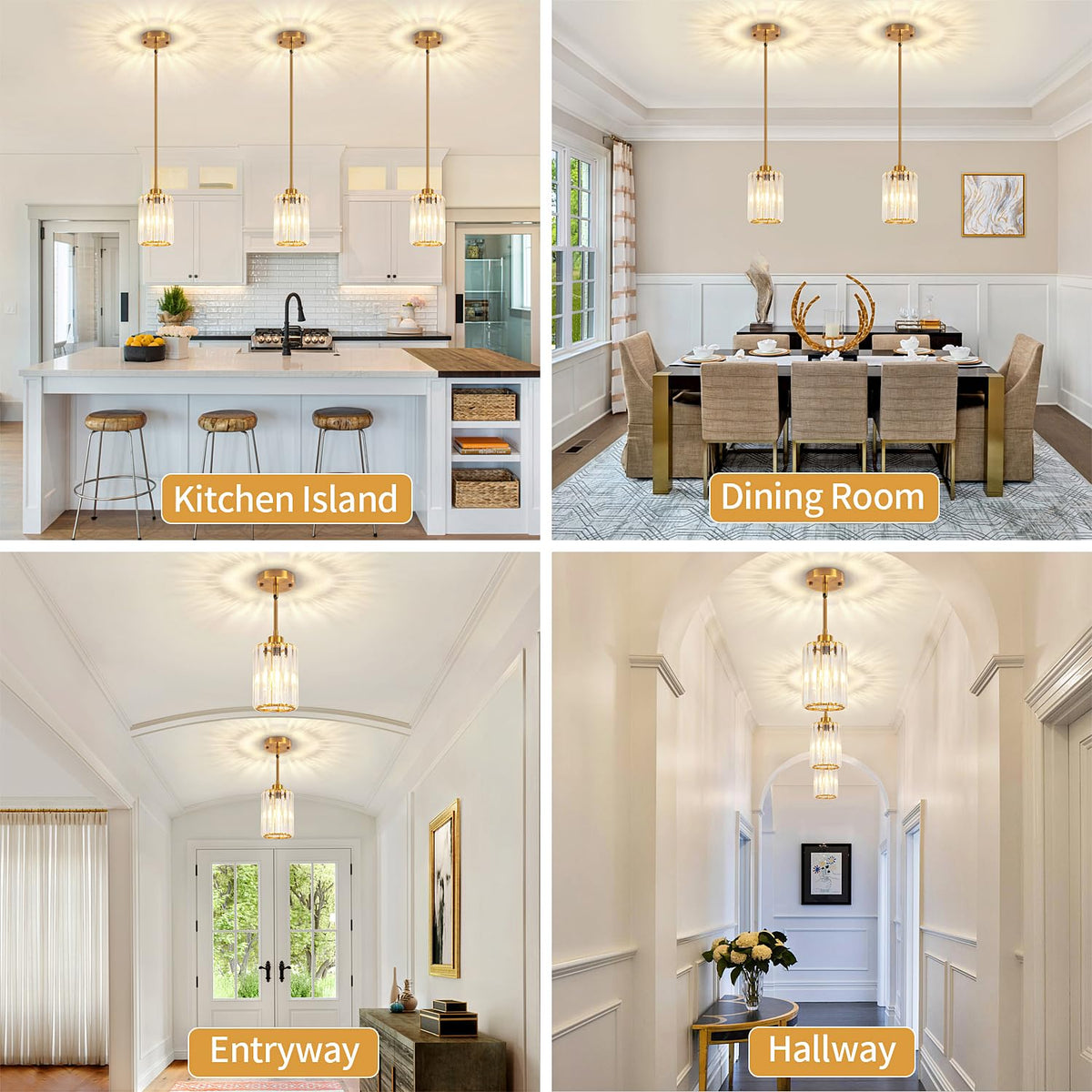 3 Pack Brushed Gold Pendant Lights Kitchen Island, Modern Crystal Kitchen Pendant Lighting Over Island Dining Room Light Fixtures Adjustable Hanging Pendant Light for Bathroom Hallway Foyer Bedroom