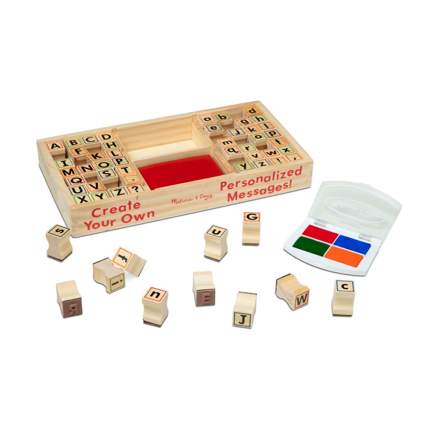 Melissa & Doug Wooden Alphabet Stamp Set - 56 Stamps with Lower-Case and Capital Letters Preschool Writing Toys, ABC Stamps, Kids Arts & Crafts, Letter for Kids Ages 4+