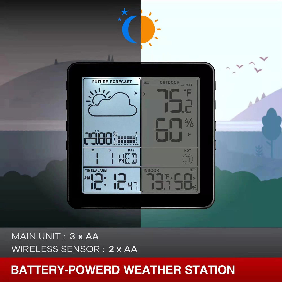 Wittime Weather Station Indoor Outdoor Thermometer Wireless Battery Powered, Atomic Clock with Indoor Outdoor Temperature Weather Clock, Dew Mold Heat Index 2180