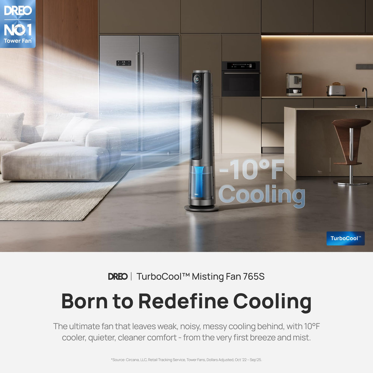 DREO TurboCool Misting Fan 765S, Fans that Blow Cold Air, 10°F Cooling, 34ft/s Fast Evaporative Air Cooler, 6L Tank, 20 dB Quiet DC Motor, 90° Tower Fan with 12 Speeds, 4 Modes for Home, Grey