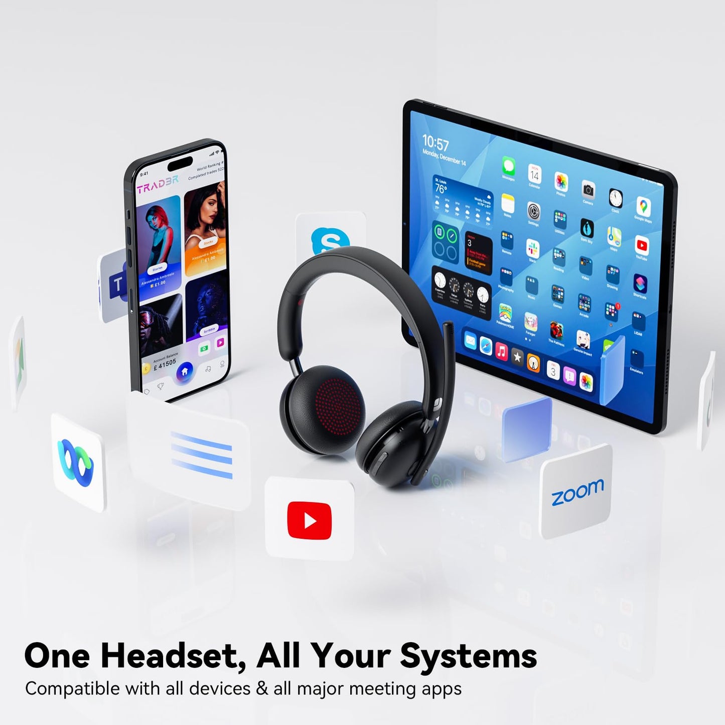Dytole Wireless Headset with Mic for Work-Bluetooth 5.3 Headset with Microphone Noise Cancelling, Wireless Headsets with 65H Battery & 10Min Fast Charge, Smart Charging Dock for PC/Laptop/Team, Black