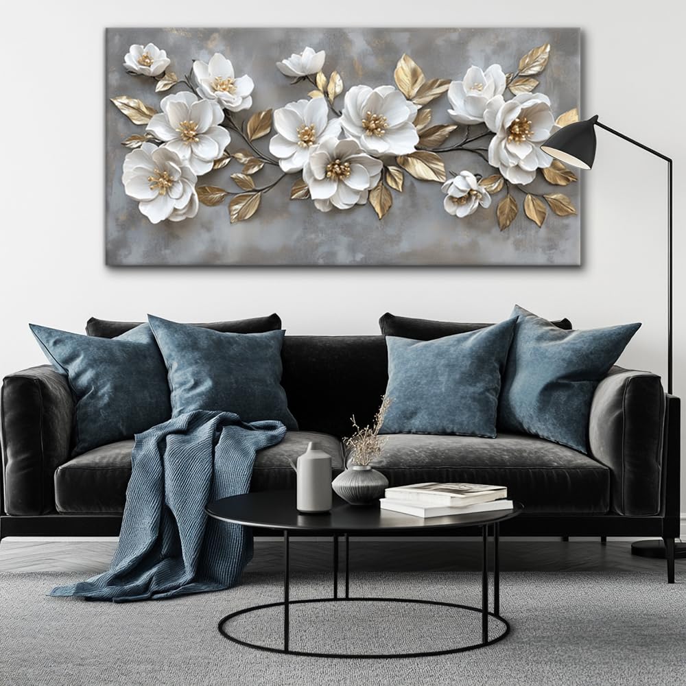 LAVIKARS Modern Gray Flowers Wall Art for Living Room Office White and Golden Floral Landscape Canvas Painting Prints Large Delicate Petals Artwork Kitchen Home Bedroom Decor (16x30 Inches)