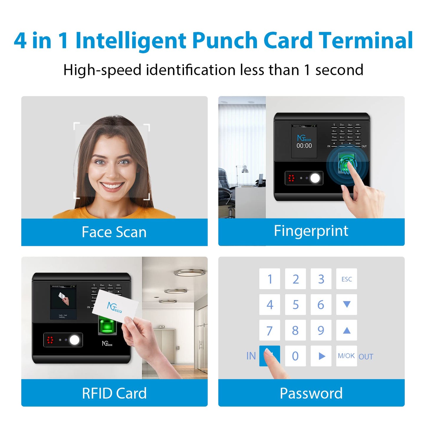 NGTeco Time Clock for Small Business, 4-in-1 Employee Attendance Machine with Face, Fingerprint, RFID Card & PIN Code, 2.4GHz WiFi, Mobile App Control for iOS Android, Shift Management, No Monthly Fee