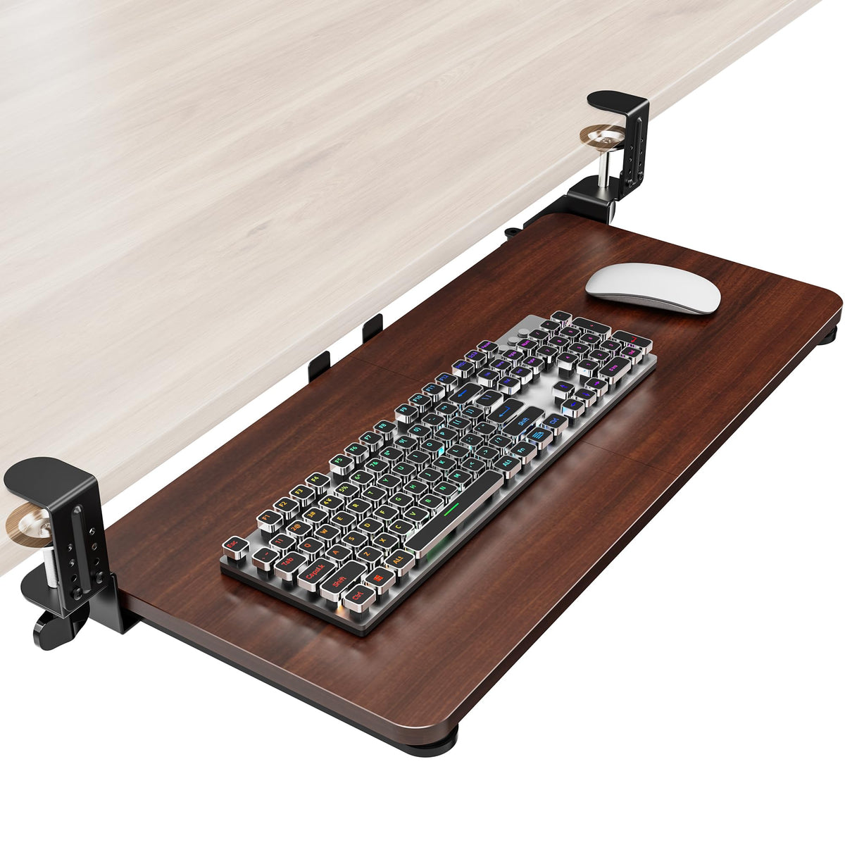 Zontera Ergonomic Keyboard Tray Under Desk, Pull Out with Adjustable C-clamp, 25.6 (31.5 Including Clamps) x 11.8 Inch Slide Out Computer Keyboard Drawer Mouse Tray for Typing, Large & Walnut