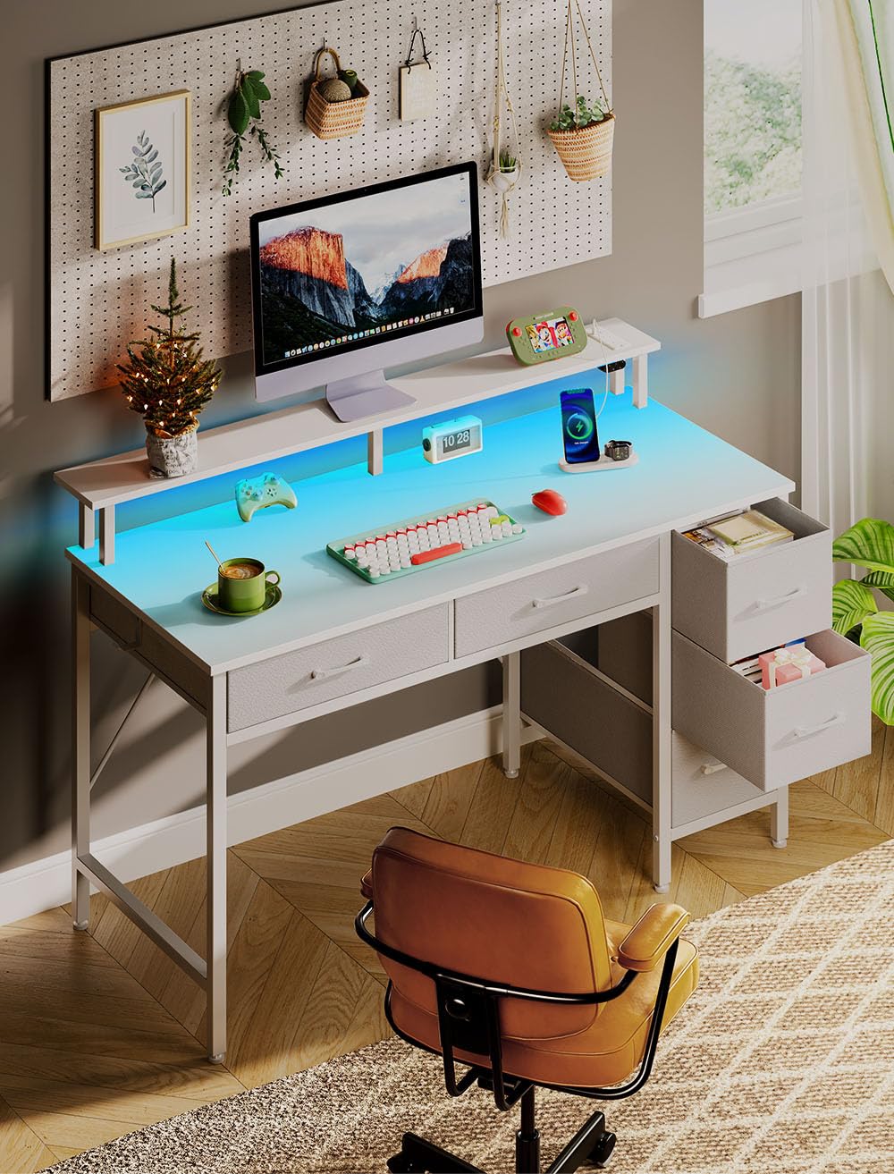 Seventable Computer Desk with Power Outlets & LED Light, 39 inch Home Office Desk with 5 Drawers, Writing Desk with Monitor Stand, Work Desk for Home Office, White