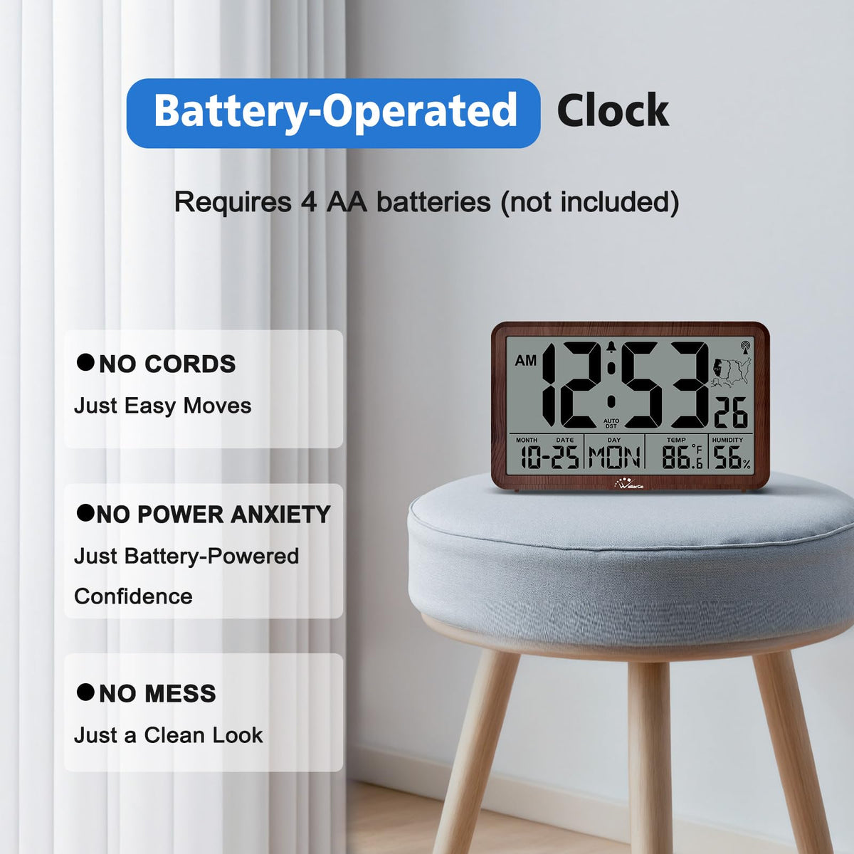 WallarGe Atomic Wall Clock with Backlight, Digital Wall Clock Battery Operated for Classroom, Bedroom, Office, Large Display with Indoor Temperature, Humidity, Date, AUTO DST, 6 Time Zones