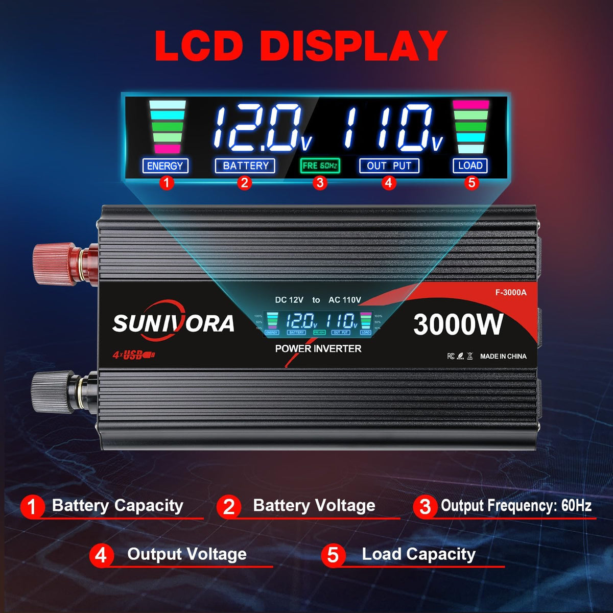 3000 Watt Power Inverter 12V to 110V/120V DC to AC Converter 6000W Peak, with Remote Control & LCD, 4 AC Outlets & 4 USB Ports Power Inverters for Vehicles Car Truck Boat RV Camping Solar System EPS