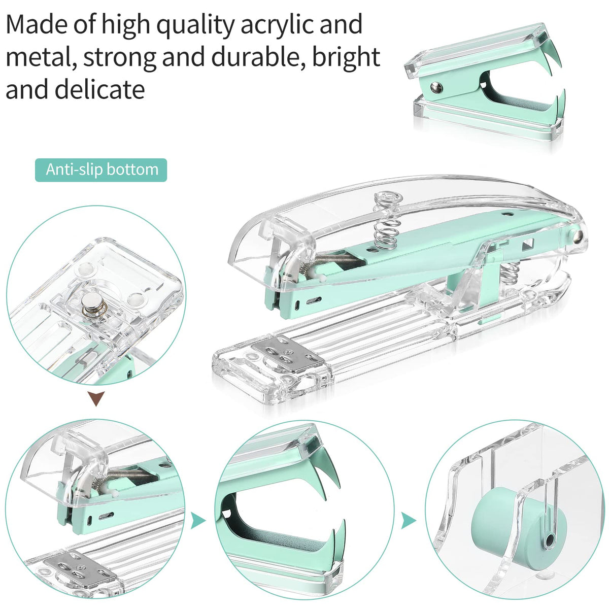 Office Supplies Set Desk Accessory Kit, Acrylic Stapler Set Staple Remover, Tape Dispenser, Binder Clips, Paper Clips, Ballpoint Pen and Scissor with 1000 Pieces 26/6 Staples (Green)