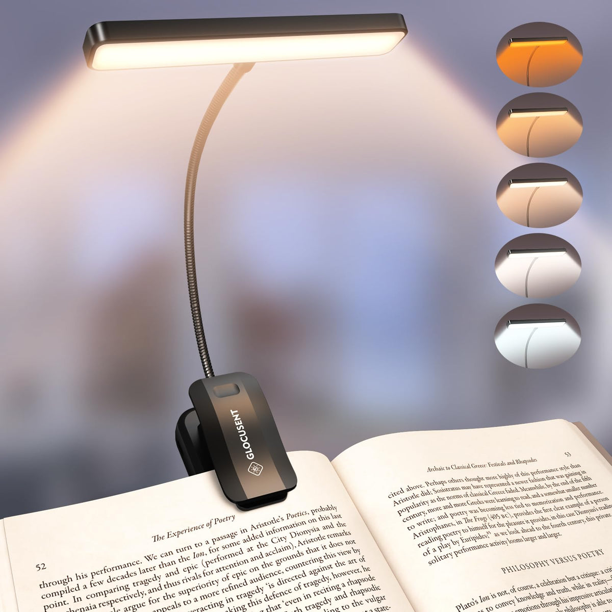 Glocusent 26 LED Book Light, 1200 mAh 90 Hrs Lasting Rechargeable Reading Light, 5 Amber Colors & Stepless Dimming Book Reading Light - Portable Clip on Light for Book Lovers Kids