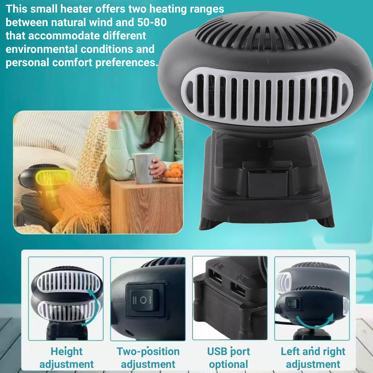 Cordless Space Heater 170W Battery Powered Portable Heater with Dual Temperature Settings and USB Ports for Office Desk Bedroom