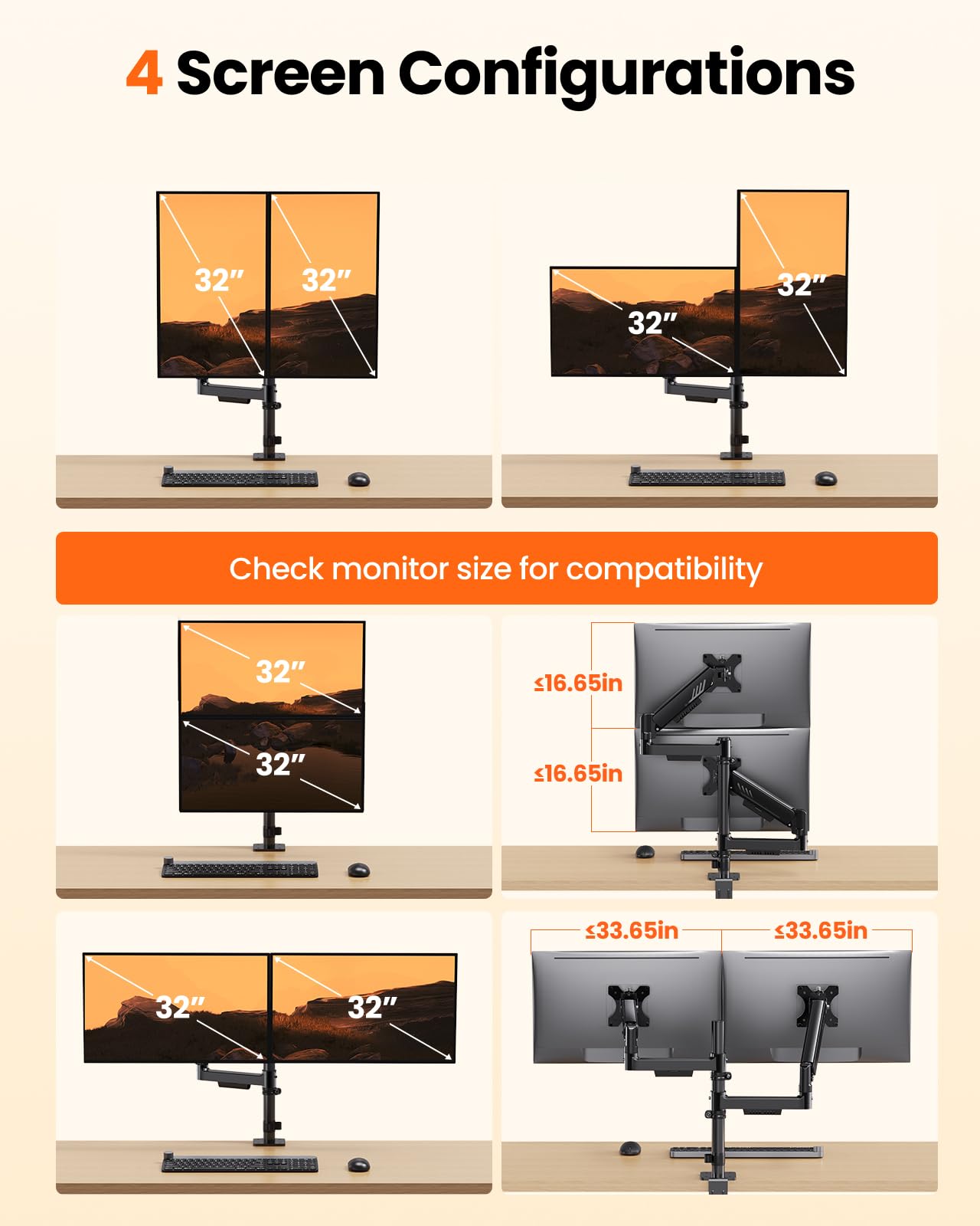 ErGear Vertical Dual Monitor Stand, Stacked Monitor Mount for 13-32″ Screens, Up to 19.8 lbs per Arm, Enhanced Stability with Integrated C-Clamp, Upgraded Cable Management, VESA 75x75/100x100mm, Black