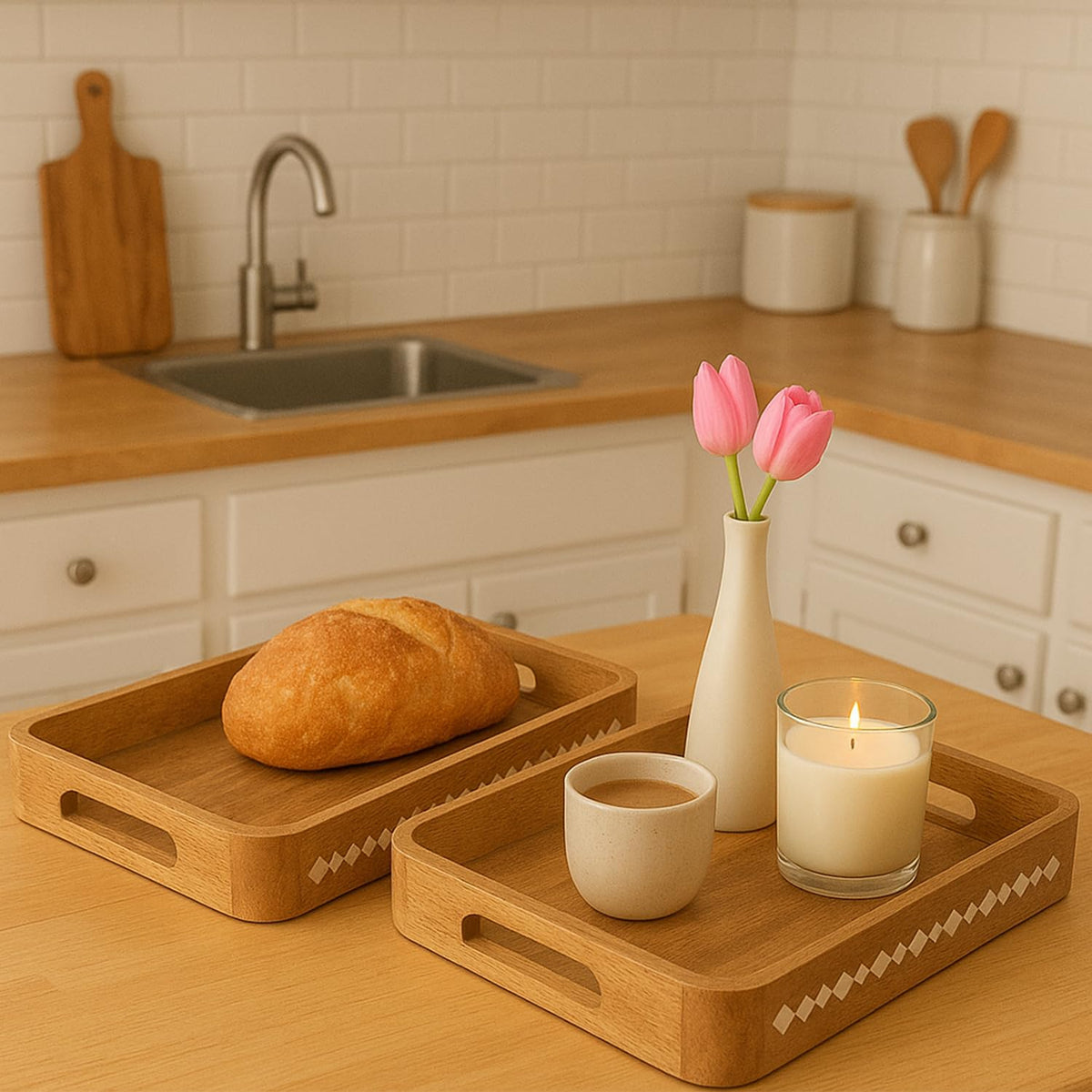 Mela Artisans Wooden Serving Tray Set of 2 with Handles | Mango Wood Decorative Trays | 15x10x1.75 & 13x9x1.75 | Ottoman Tray | Snacks | Desserts | Bread | Coffee Table | Bedroom | Rounded Edge