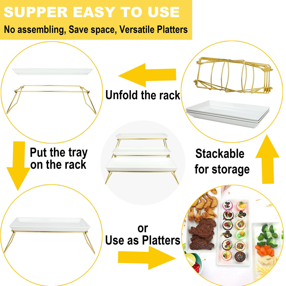 ECOIOU Extra Large 3 Tier Serving Tray, 24 x22 x 9.8 Inch Melamine Tiered Tray Stand and Platters for Party Buffet Entertaining, White and Gold