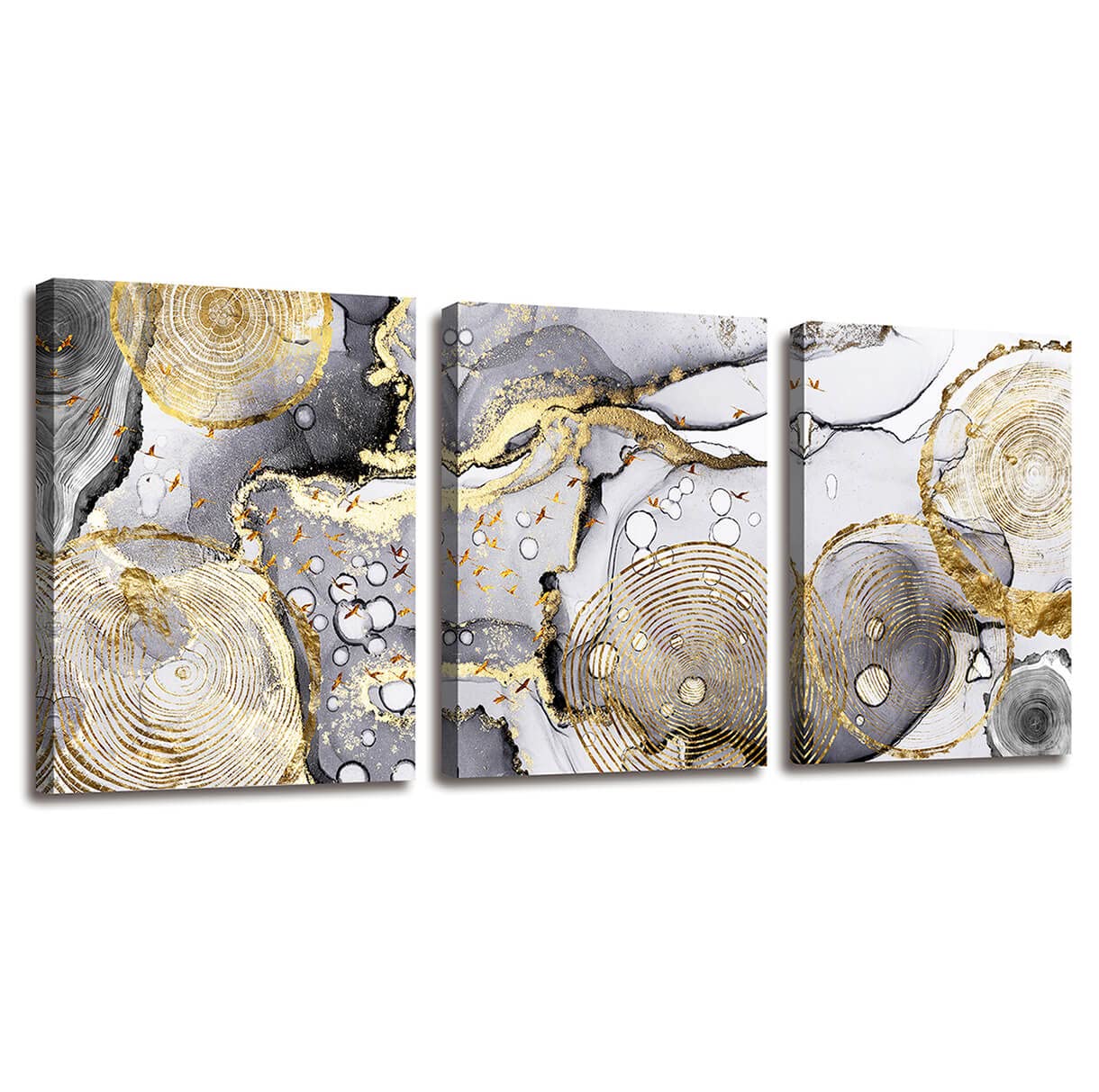 Gold Abstract Wall Art 3 Pieces Modern Framed Artwork Black and White Grey Gold Fluid Ink Annual Rings Pictures Canvas Prints Painting for Living Room Bedroom Kitchen and Office Wall Decor 12x16inx3