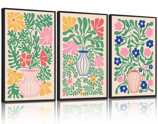 CHDITB Matisse Flowers Vase Framed Canvas Wall Art(16"x24"), 3 Panels Colorful Boho Florals Botanical Plants Artwork Printings, Large Scandinavian Gallery Decor Painting for Bedroom Dining Room Office