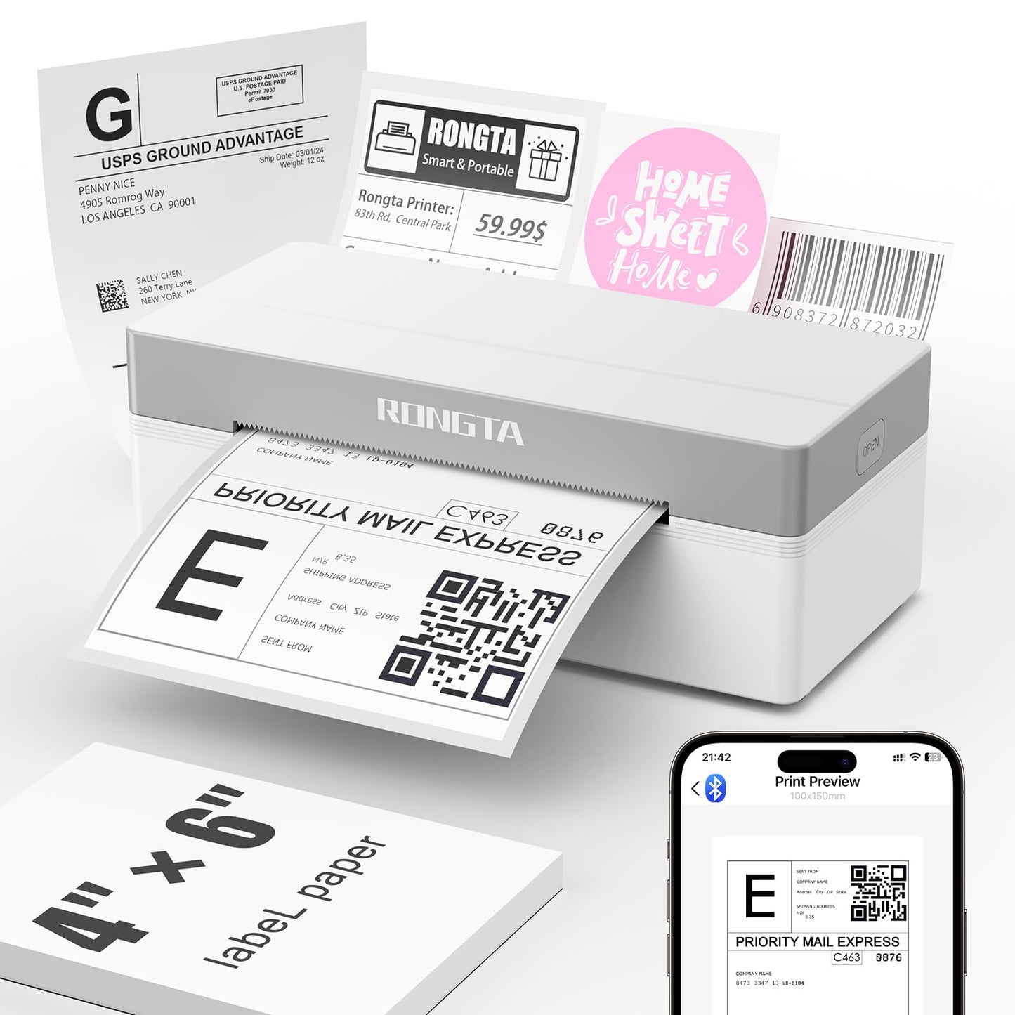 Rongta Shipping Thermal Label Printer, Bluetooth 4x6 Sticker Label Maker Wireless Shipping Label Printer for Package Small Business Compatible with Windows macOS Android iOS (White)