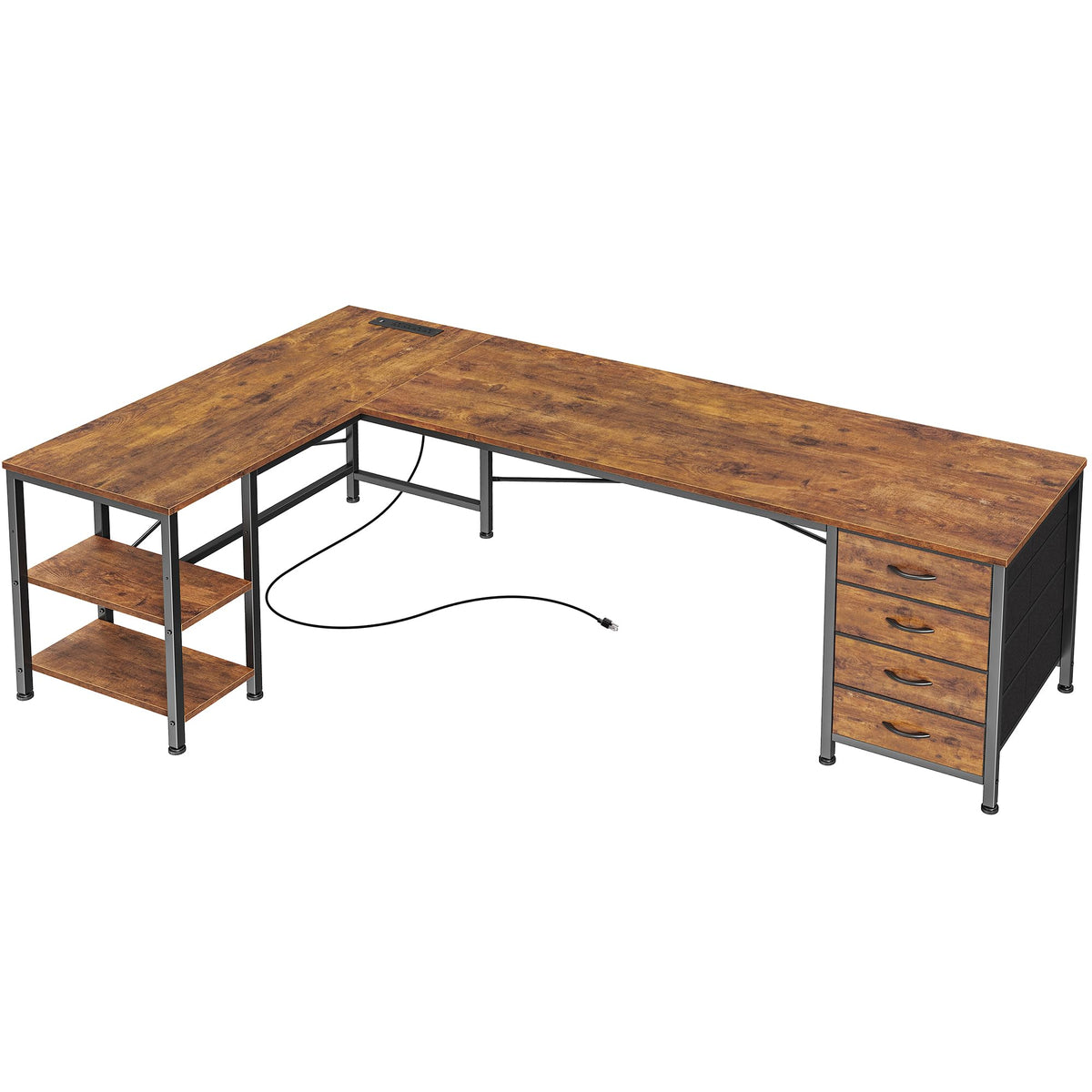 Huuger 63 Inch L Shaped Desk with Fabric Drawers, Computer Office Desk with Power Outlets and USB-C Port, Corner Desk with Storage Shelves, for Gaming Work Study Home Office, Reversible, Rustic Brown