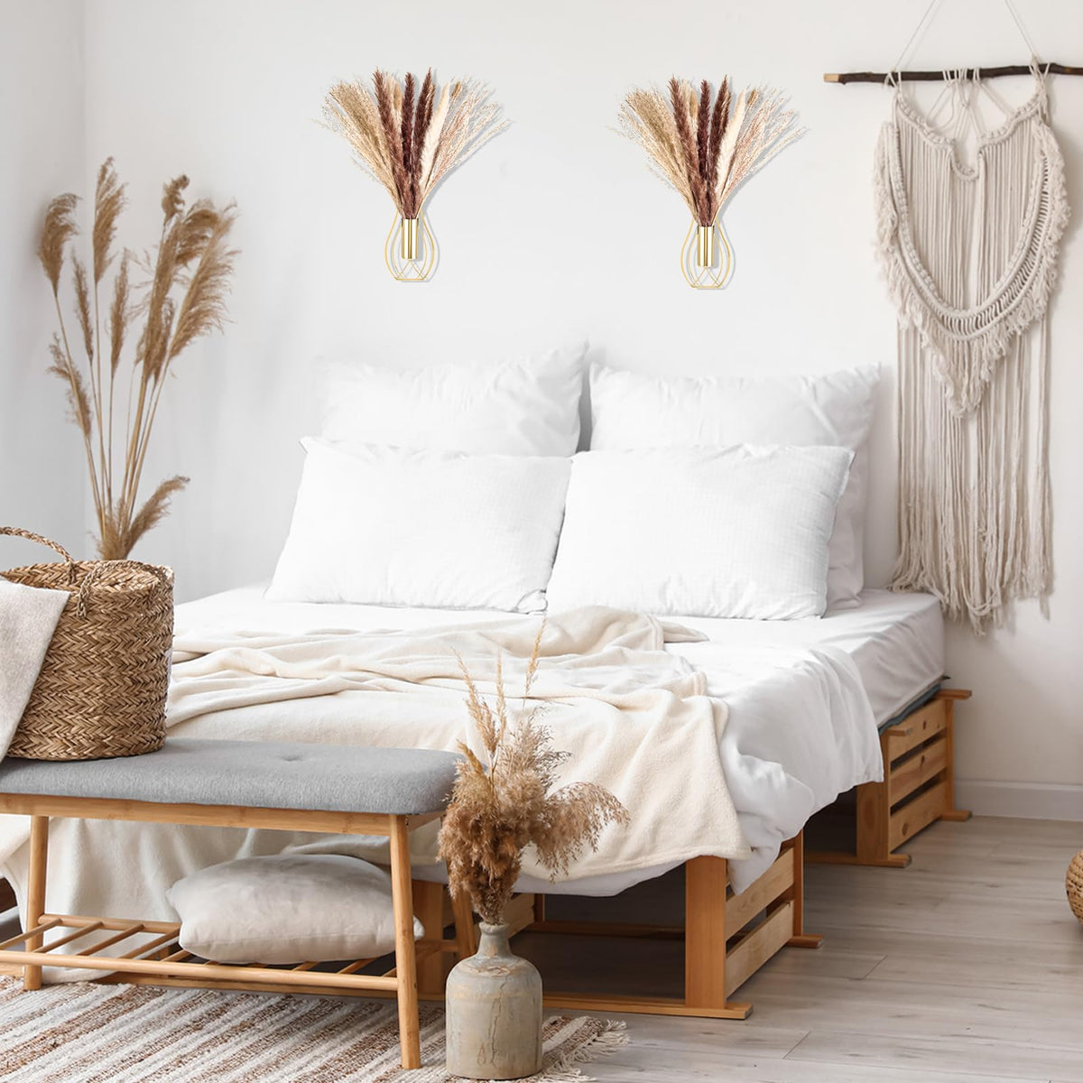 Otoolling Boho Wall Decor Set of 2 – Metal Hanging Wall Art with Faux Pampas or Eucalyptus,Minimalist Bohemian Accent for Living Room, Bedroom, Entryway(Gold,Pampas)