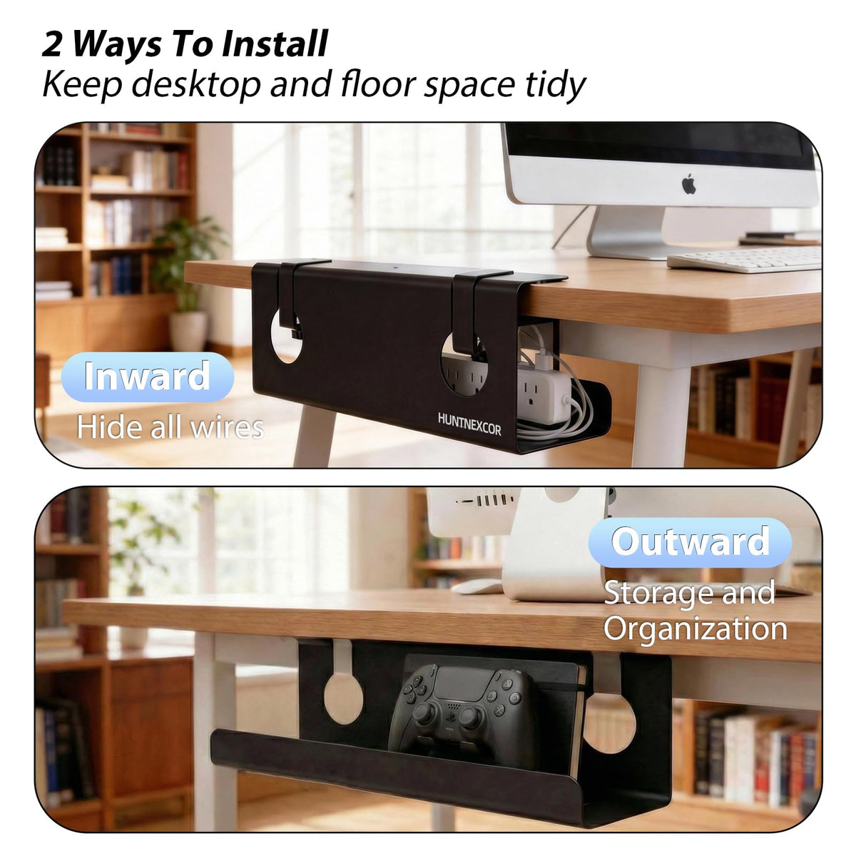 No Drill Under Desk Cable Management Tray with Clamp, Home/Office Desk Cord Organizer and Accessories Storage Shelf, 17'' Metal Cable Organizer for Standing/Gaming Desk, Office Supplies, Black 1 Set
