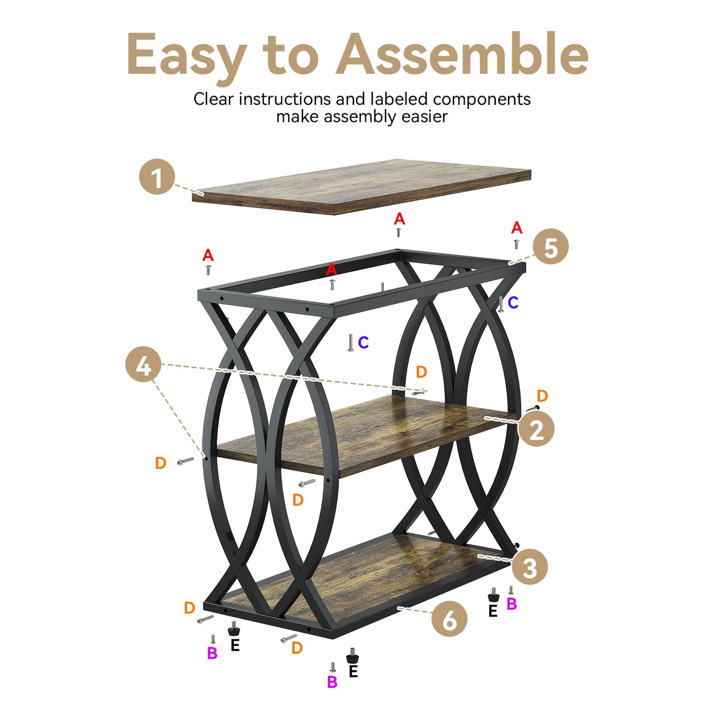 FJLHOHG End Table, Narrow Side Table, 3-Tier End Table with Metal Frame, Living Room Side Table with Storage for Couch, Sofa, Bedroom, Small Spaces, Easy Assembly, 23.6"D*11.8"W*23.6"H, Rustic Brown