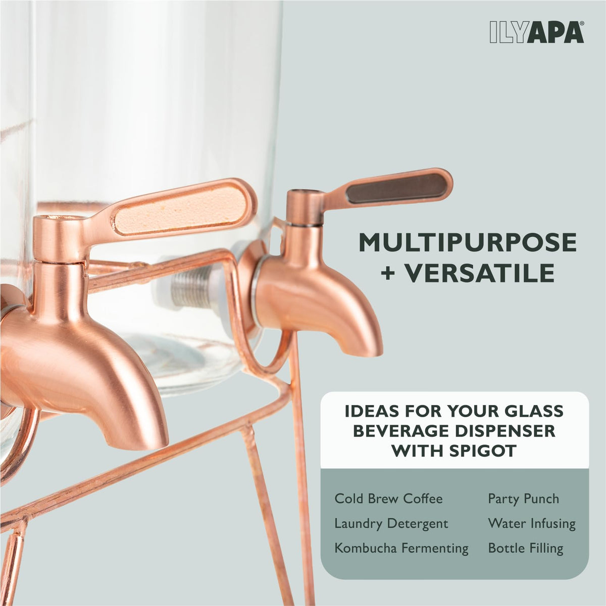 Ilyapa Rose Gold Double Glass Beverage Dispenser with Stand - 2 Gallon Large Drink Dispensers for Parties with Stainless Steel Spigot For Drinks