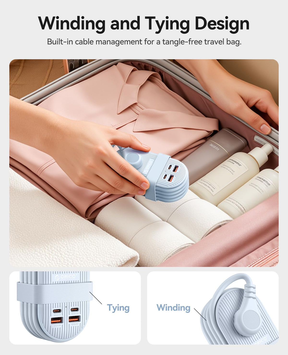 ORICO 65W USB Travel Power Strip, 7 in 1 Charging Station with 3AC, 2 USB-A, 2 USB-C, Flat Plug and 4ft Extension Cord, Fast Charger for MacBook, iPad, iPhone 17/16/15 - TK65