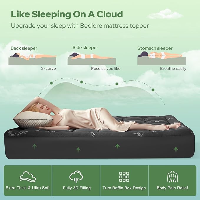 BEDLORE Twin Mattress Topper Viscose Derived from Bamboo, Thick Pillow Top