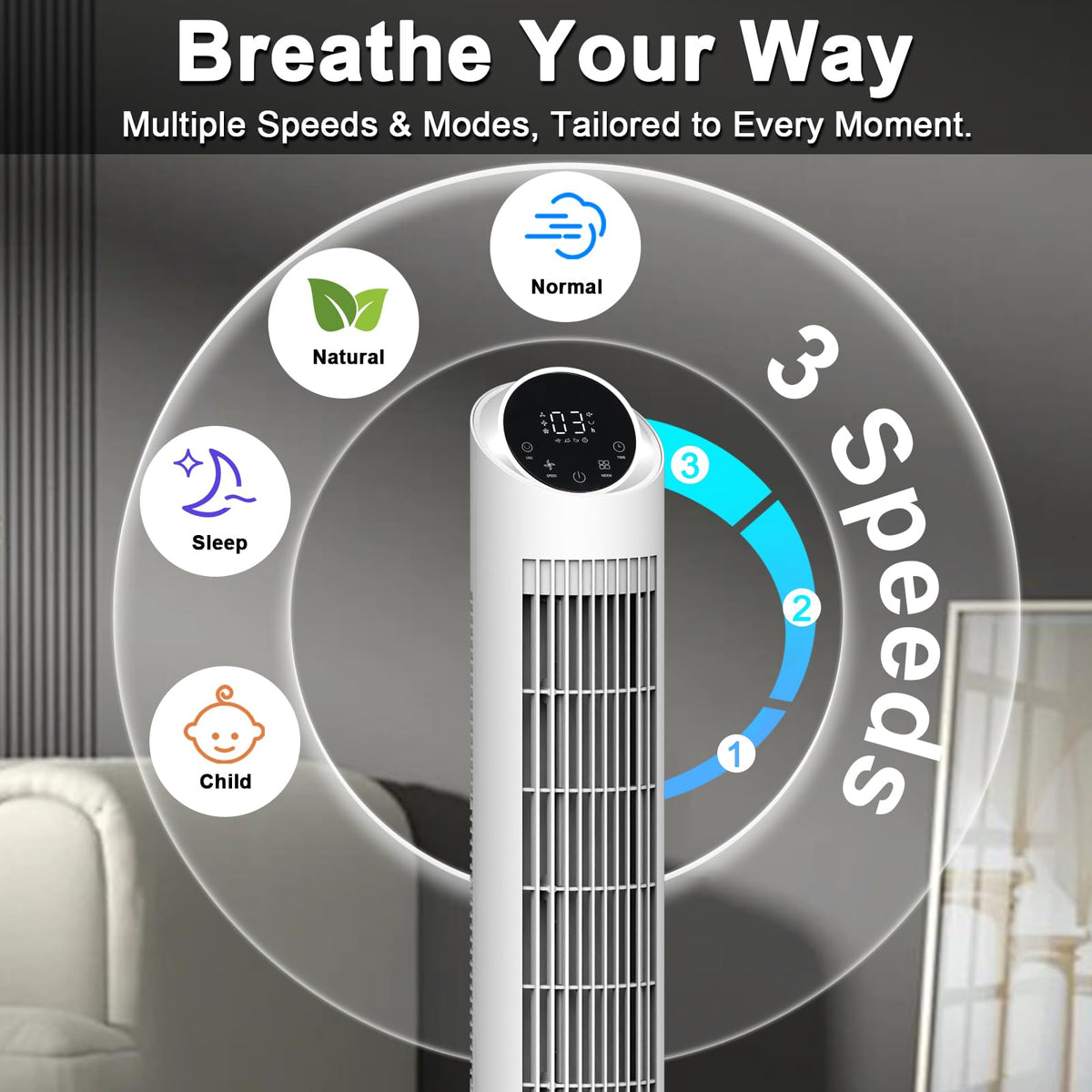 hykolity 40'' Tower Fan for Bedroom, 90° Oscillating Standing Fan, 28dB Ultra Quiet, 26ft/s Velocity Bladeless Floor Fan with 3 Speeds & 4 Modes, 12H Timer for Living Room, Home, Office, White