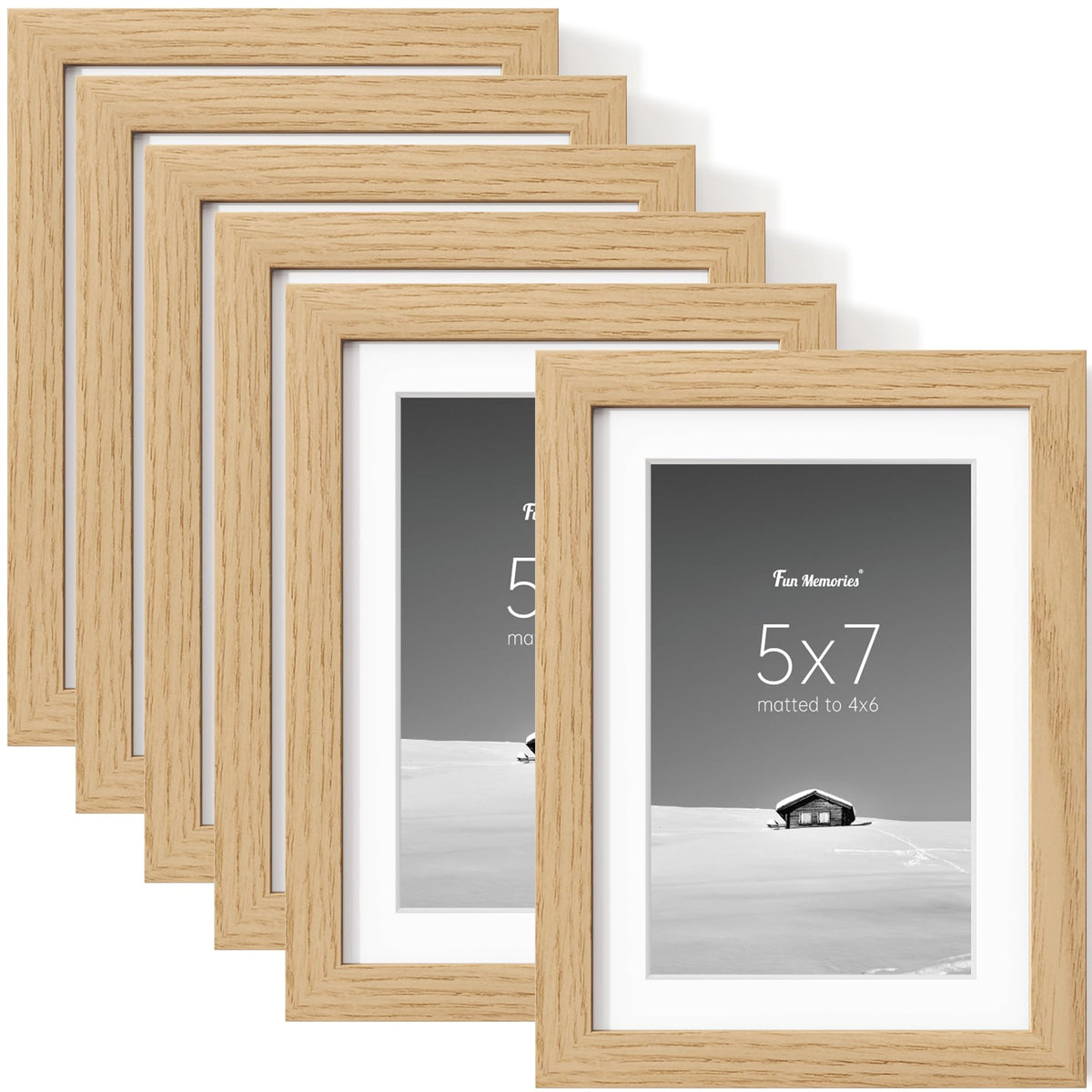 Fun Memories 5x7 Picture Frame Set of 6, Display Pictures 4x6 with Mat or 5x7 Without Mat, 5 x 7 Frame for Photos, Posters & Art Prints, Gallery Photo Frames for Wall & Tabletop Display, Natural