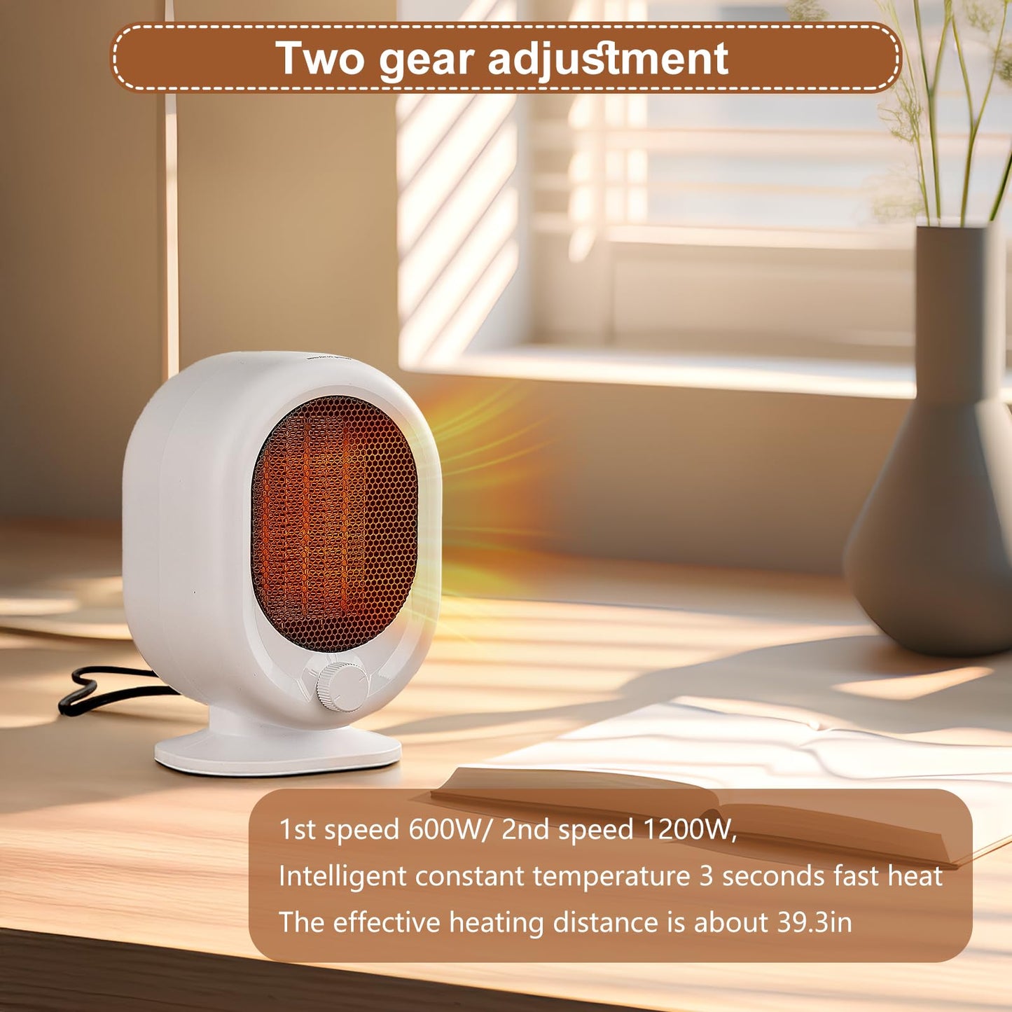 LIEWET Mini Space Heater,1500W Small Desk Heater,2 Gears Adjustable,PTC Ceramic Heating,Tip-over & Overheat Protection,Fast Heating and Super Quiet White