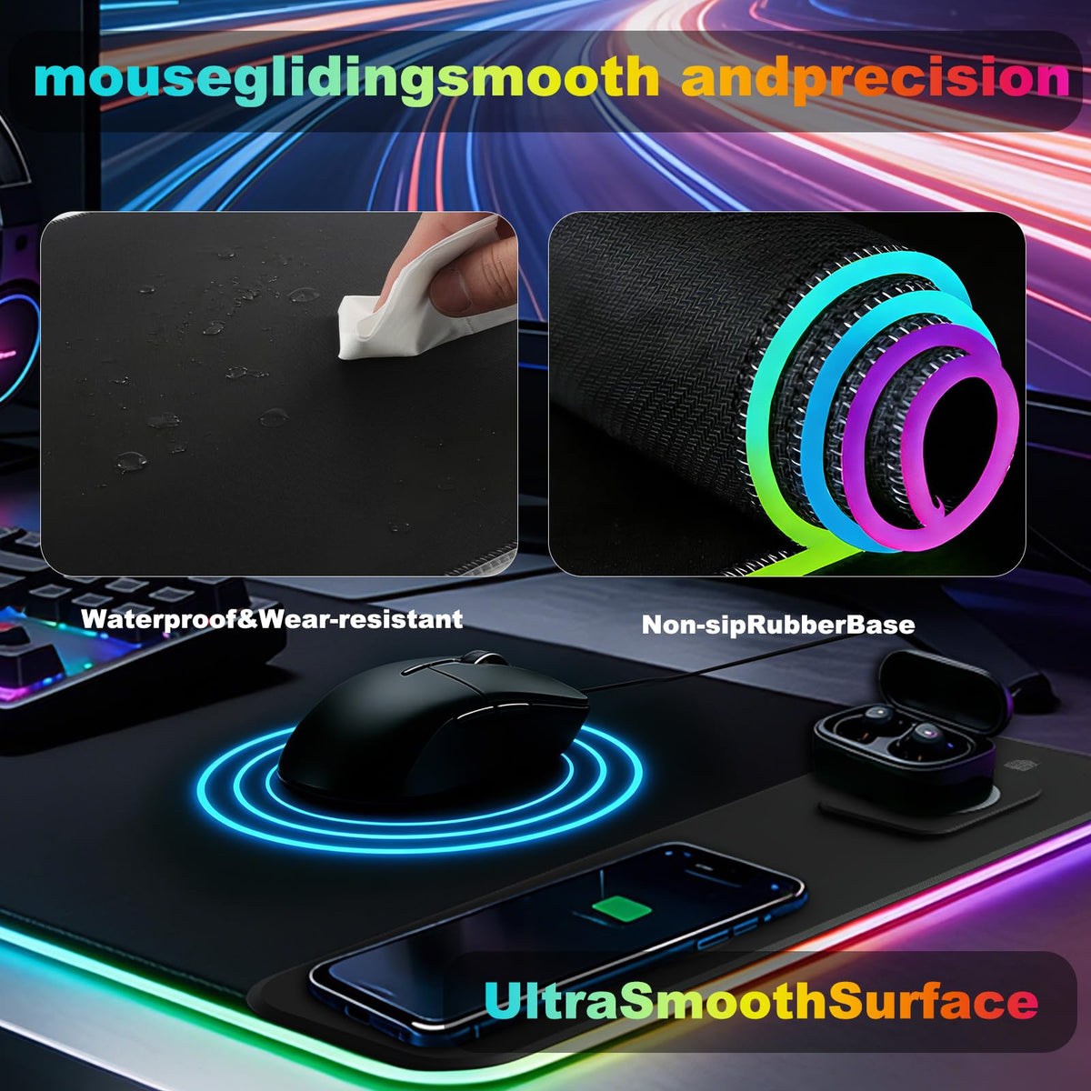 obvade Gaming RGB Mouse Pad Wireless Charging XXL Desk Mat for Keyboard 15w Fast Charger 11 Led Light Modes Non-Slip Large Office Desk Pads on Top of Desks
