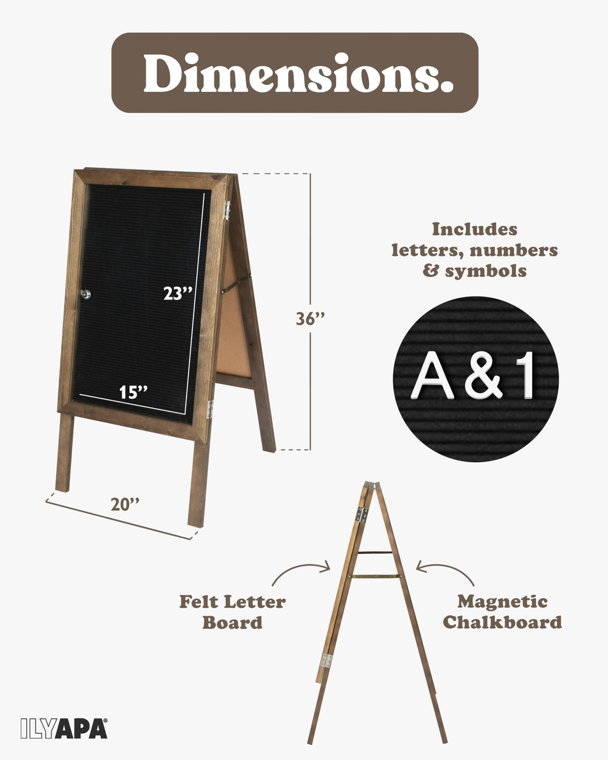 Ilyapa A Frame Sandwich Board Signs Outdoor Chalkboard & Felt Letter Board Sign with Changeable Letters - Wooden 36 x 20 in. Double Sided Magnetic Chalk Board & Letterboard for Sidewalk Advertising