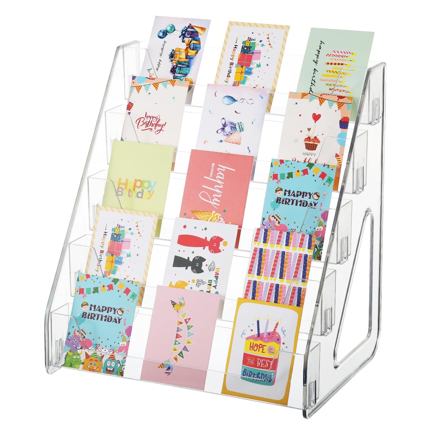 Hlimior 5 Tier Acrylic Card Display Stand(Tall Height), Clear Display Shelf Desktop for Trading Cards, Sports Cards, Greeting Card, Stickers & Brochures, Easy Clip-On Design