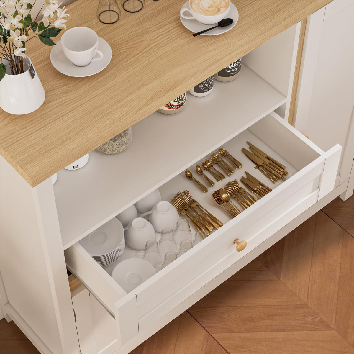 Viaozutis Storage Cabinet with Doors and Drawers,Kitchen Storage Cabinets，with Drawer and Adjustable Shelf（White）