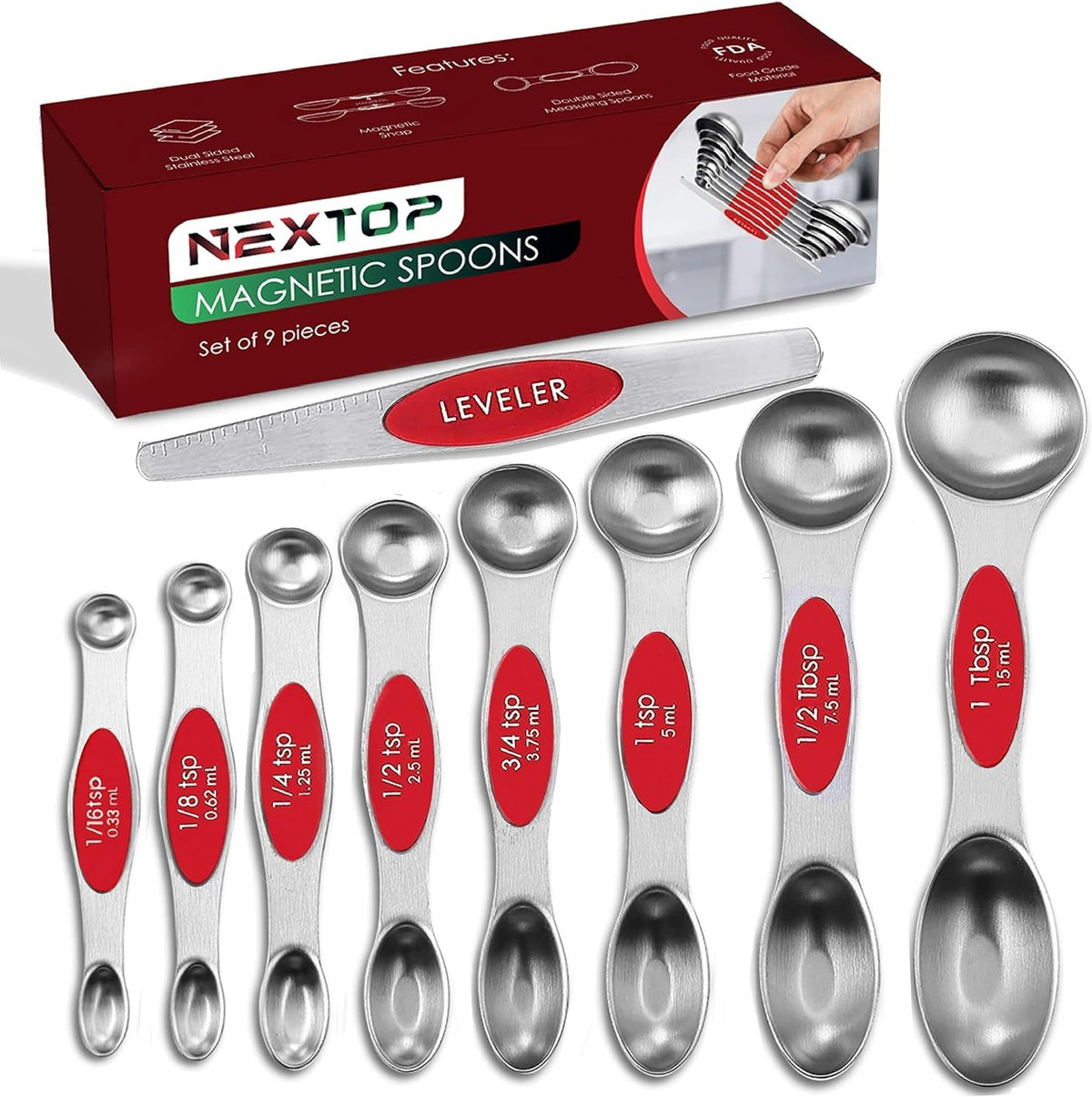 Magnetic Measuring Spoons Set of 9 Stainless Steel Dual-Sided Stackable Measuring Spoon Nesting Teaspoons Measuring Dry and Liquid Ingredients, Fits in Spice Jars Set of 9 (Red)