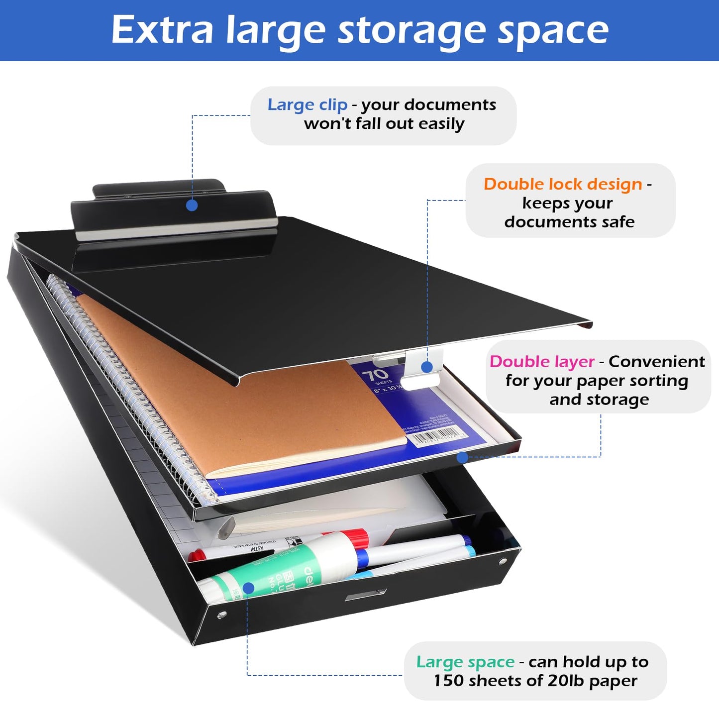 Janlaugh 1 Pieces Metal Storage Clipboard Letter Size Heavy Duty Aluminum Clip Board 14'' x 9.06'' x 2.95'' Contractor Clipboard Dual Storage Form Holder Paper Holder with High Capacity Clip