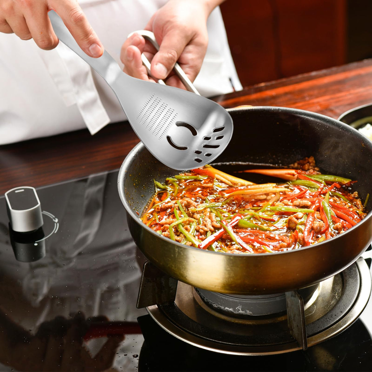 2PC Multi-Function Cooking Spoon with Potato Masher, Egg Yolk Separator, Grater Plate, Bottle Opener & Slotted Spoon - 304 Stainless Steel, MEIYUSHENG